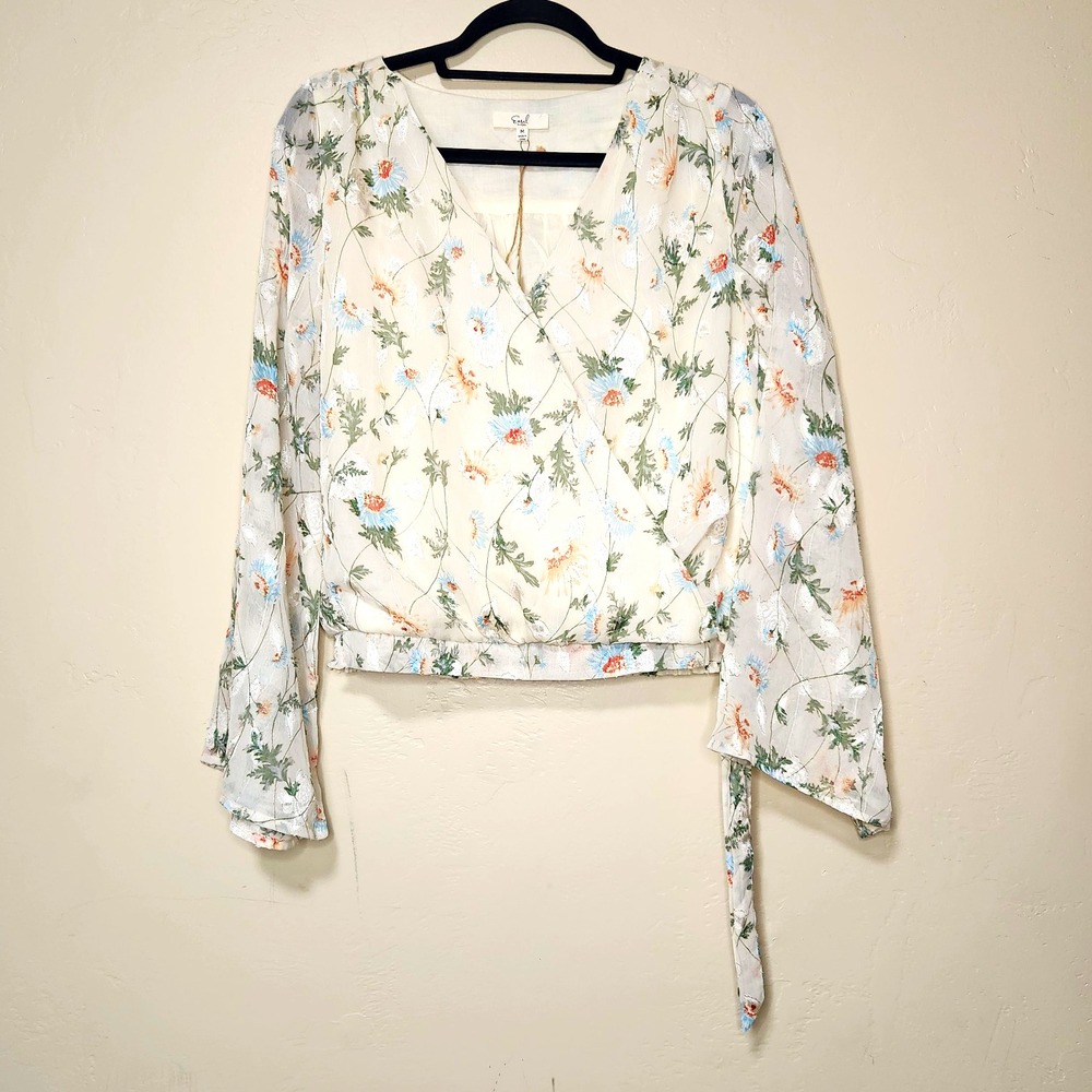Easel Floral Chiffon Wrap Blouse V-Neck Long Sleeve Tie Waist Womens Size M